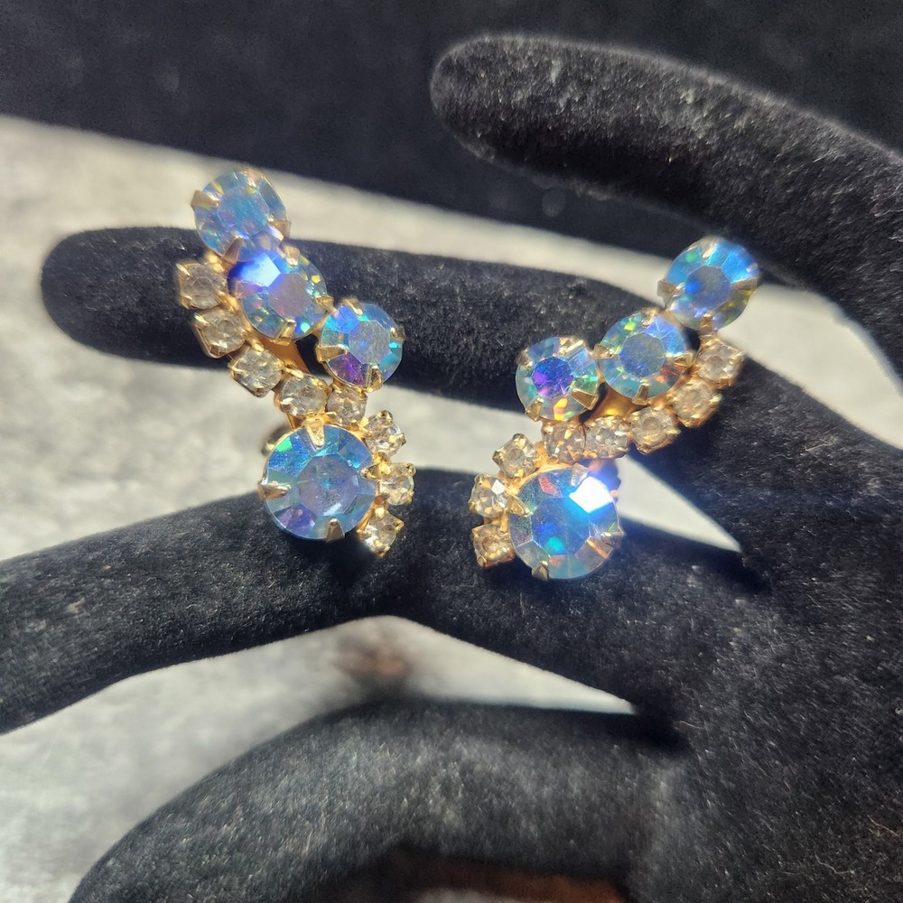Vintage Aurora Borealis Rhinestone Clip On Crawler Earrings Gold Tone Iridescent